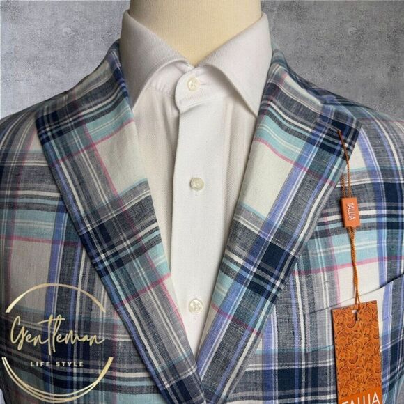 $295 TALLIA Mens Blazer Sport Coat Two Button Jacket 44R LINEN Blue/Navy Plaid - Picture 2 of 8